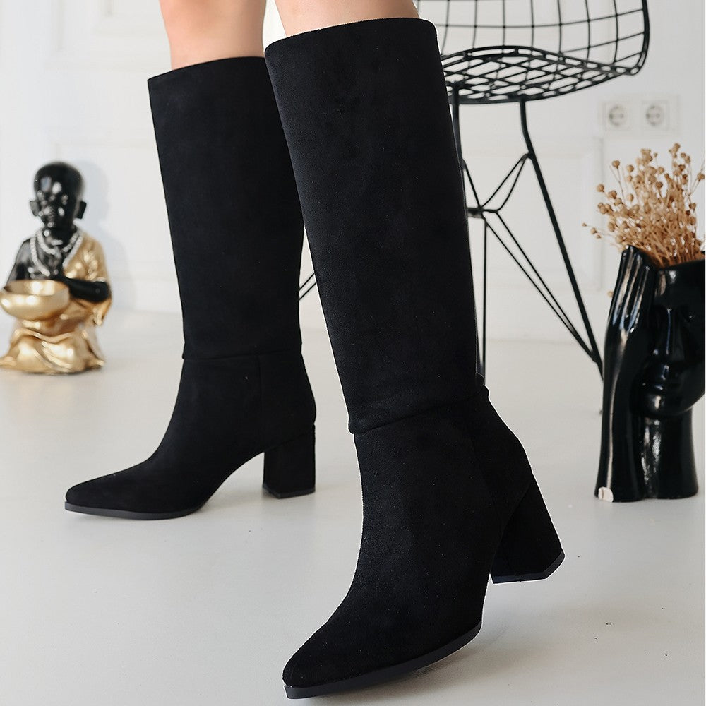 Roksa Siyah Süet Topuklu Çizme