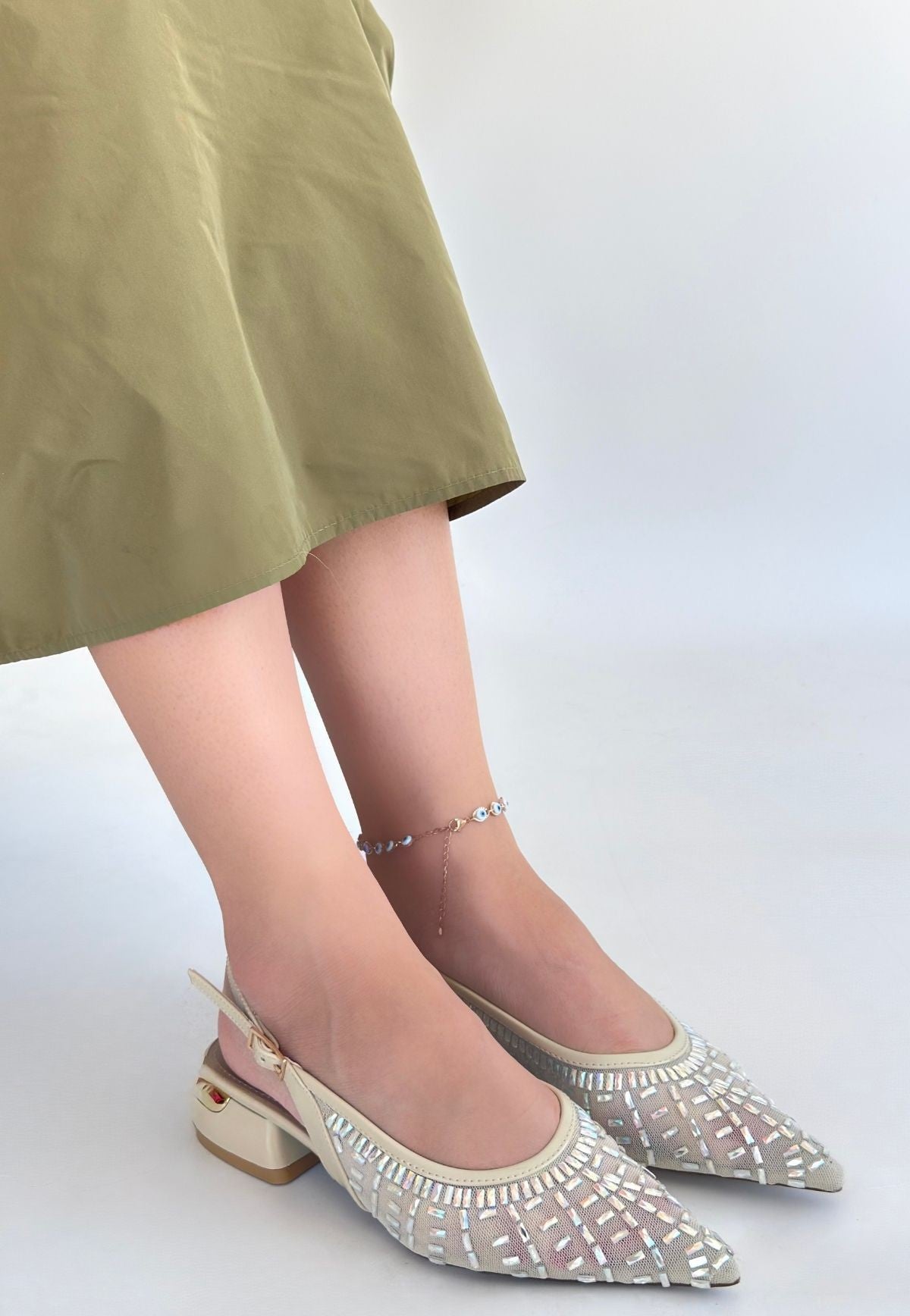 Piyar Bej Taşlı Topuklu Ayakkabı