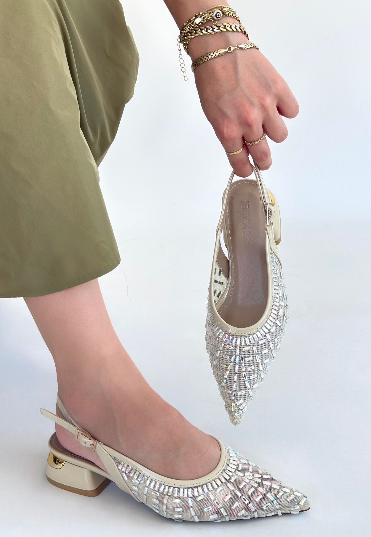 Piyar Bej Taşlı Topuklu Ayakkabı