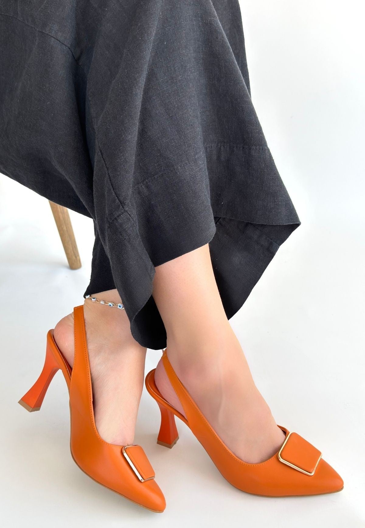 Pıert Turuncu Cilt Topuklu Ayakkabı